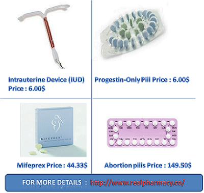 Intrauterine Device (IUD) 6.00$-Progestin-Only Pill 6.00$-mifeprex 44.33$- abortion pills 149.50$